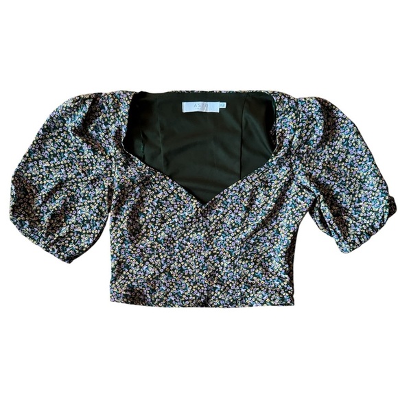 ASTR The Label Bubble Sleeve Blouse Crop Top Olive Lilac Ditsy Size XS - Picture 2 of 9